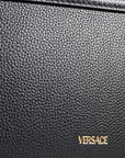 Versace Black Grainy Calf Leather Logo Crossbody Shoulder Bag