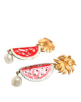 Dolce & Gabbana Red Watermelon Gold Brass Crystal Clip Dangling Earrings