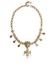 Dolce & Gabbana Gold Brass Chain Floral Crystal Cross Pendant Necklace