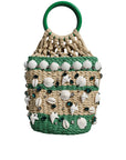 Dolce & Gabbana Beige Green Rafia Seashells Crystal Bucket Bag