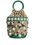Dolce & Gabbana Beige Green Rafia Seashells Crystal Bucket Bag