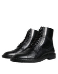 Dolce & Gabbana Black Leather Lace Up Mid Calf Boots Shoes