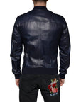 Dolce & Gabbana Blue Lambskin Leather Full Zip Biker Jacket