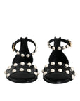 Dolce & Gabbana Black Leather Pearls Ankle Strap Sandals Shoes