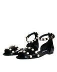 Dolce & Gabbana Black Leather Pearls Ankle Strap Sandals Shoes