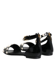Dolce & Gabbana Black Leather Pearls Ankle Strap Sandals Shoes