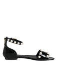 Dolce & Gabbana Black Leather Pearls Ankle Strap Sandals Shoes