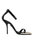 Dolce & Gabbana Black Keira Leather Faux Pearl Sandals Heels Shoes