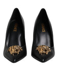 Versace Black Leather Logo Plaque High Heels Pumps Shoes