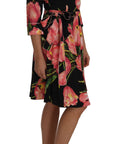 Dolce & Gabbana Elegant Black Shift Dress with Pink Tulips Print