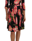 Dolce & Gabbana Elegant Black Shift Dress with Pink Tulips Print