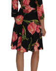Dolce & Gabbana Elegant Black Shift Dress with Pink Tulips Print