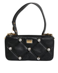 Dolce & Gabbana Black Leather Crystal Embellished Logo Shoulder Bag