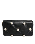 Dolce & Gabbana Black Leather Pearl Embellished Logo Shoulder Bag