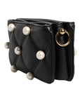Dolce & Gabbana Black Leather Pearl Embellished Logo Shoulder Bag