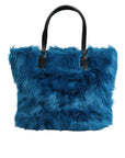 Dolce & Gabbana Blue Fur Logo Plaque Double Handle Shoulder Bag