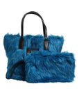 Dolce & Gabbana Blue Fur Logo Plaque Double Handle Shoulder Bag