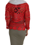 Dolce & Gabbana Elegant Red Crochet Knit Cardigan with Fur Collar