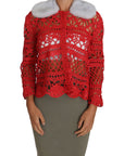 Dolce & Gabbana Elegant Red Crochet Knit Cardigan with Fur Collar