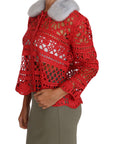Dolce & Gabbana Elegant Red Crochet Knit Cardigan with Fur Collar