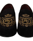 Dolce & Gabbana Elegant Black Loafers with Gold Crown Embroidery