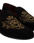 Dolce & Gabbana Elegant Black Loafers with Gold Crown Embroidery