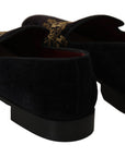 Dolce & Gabbana Elegant Black Loafers with Gold Crown Embroidery