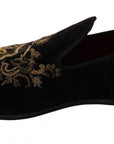 Dolce & Gabbana Elegant Black Loafers with Gold Crown Embroidery