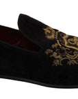 Dolce & Gabbana Elegant Black Loafers with Gold Crown Embroidery