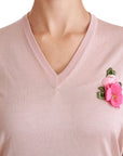 Dolce & Gabbana Pink Floral Silk V-Neck Sweater