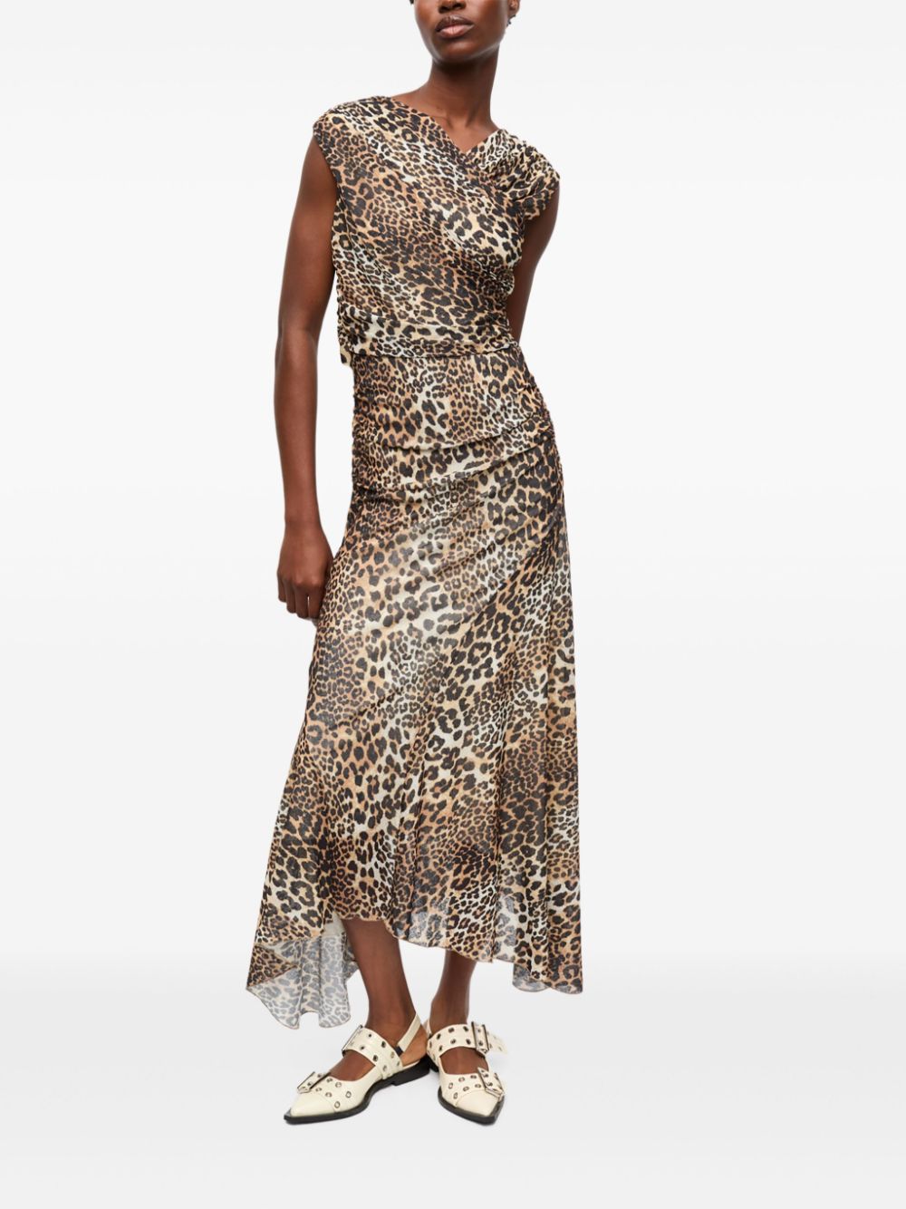 Ganni Ganni Leopard Marl Mesh Long Ruched Crossover Dress