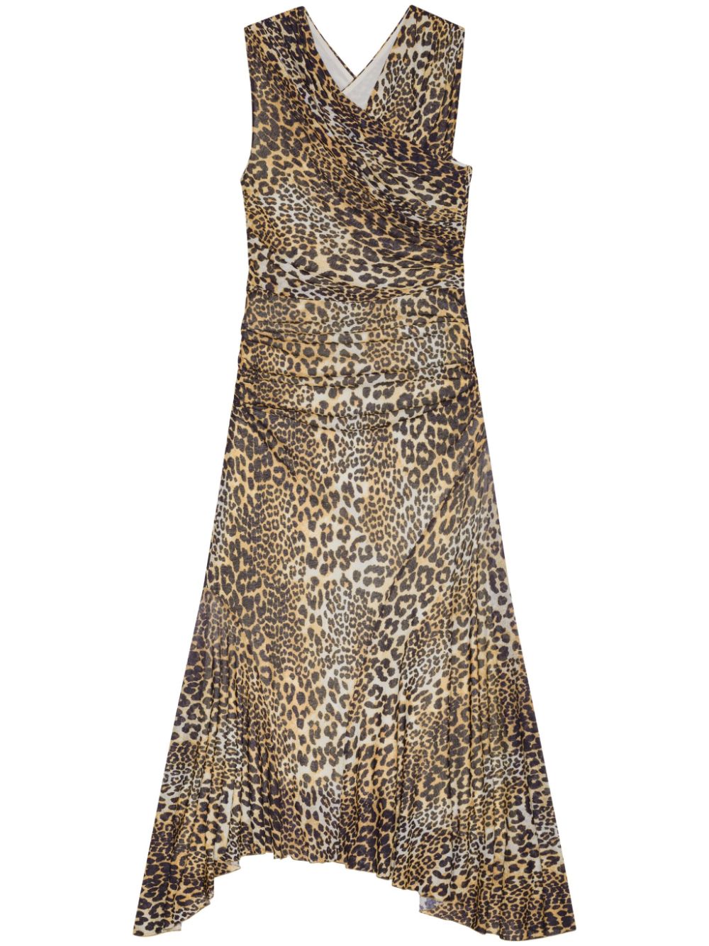 Ganni Ganni Leopard Marl Mesh Long Ruched Crossover Dress
