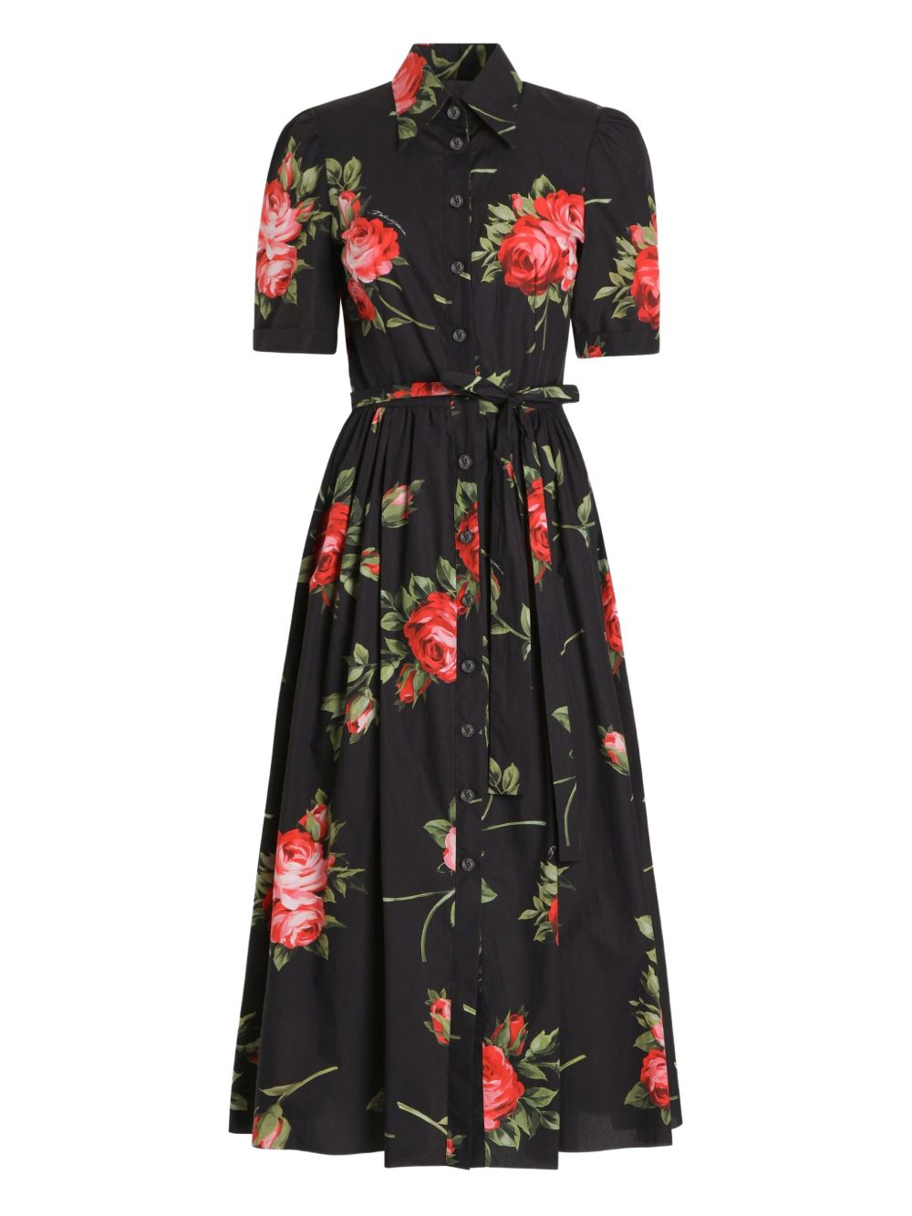 Dolce &amp; Gabbana Dolce &amp; Gabbana- floral-print belted midi dress in black cotton