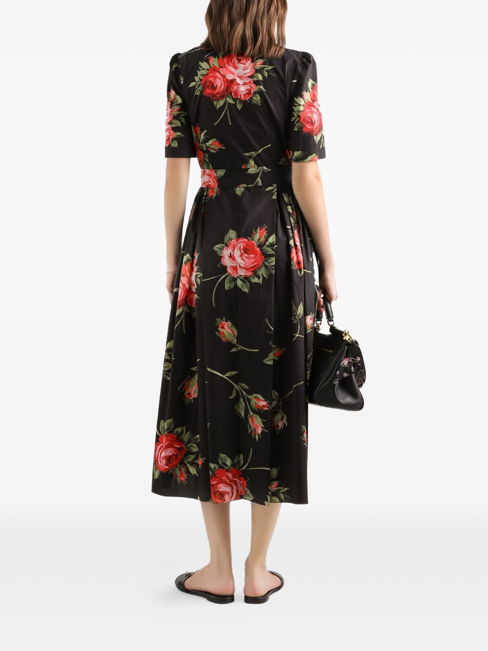 Dolce &amp; Gabbana Dolce &amp; Gabbana- floral-print belted midi dress in black cotton