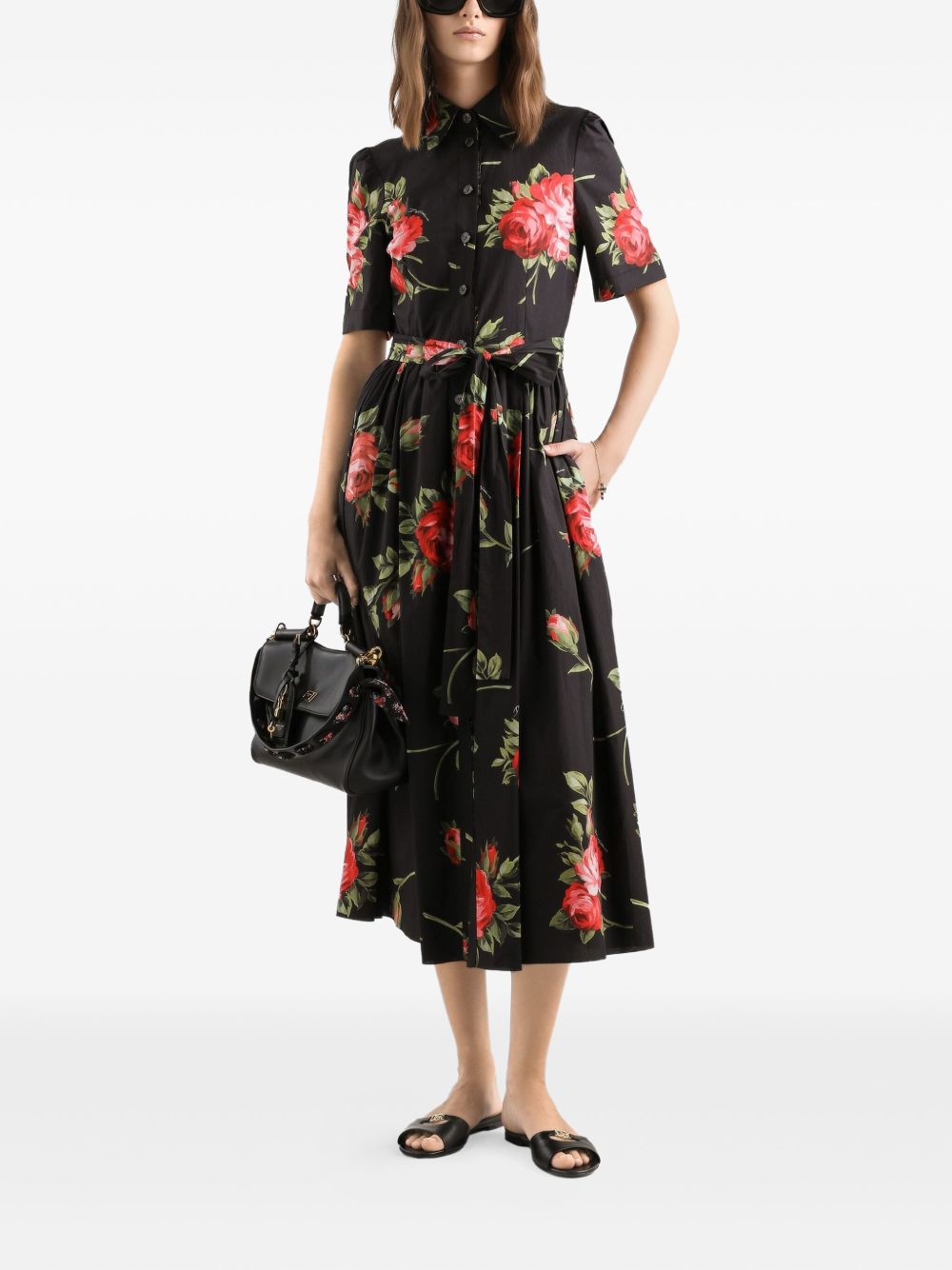 Dolce &amp; Gabbana Dolce &amp; Gabbana- floral-print belted midi dress in black cotton