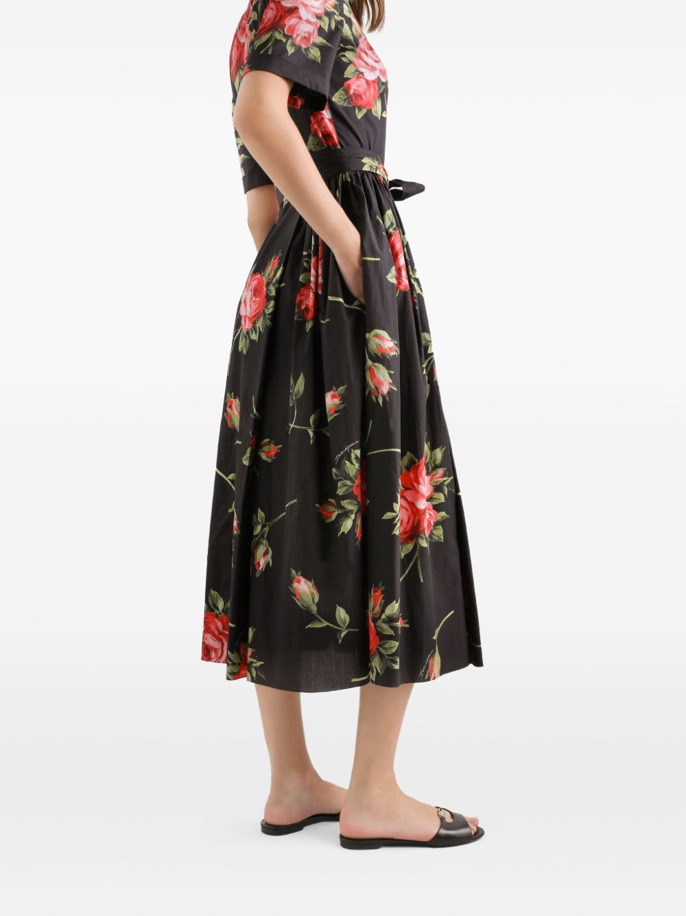 Dolce &amp; Gabbana Dolce &amp; Gabbana- floral-print belted midi dress in black cotton