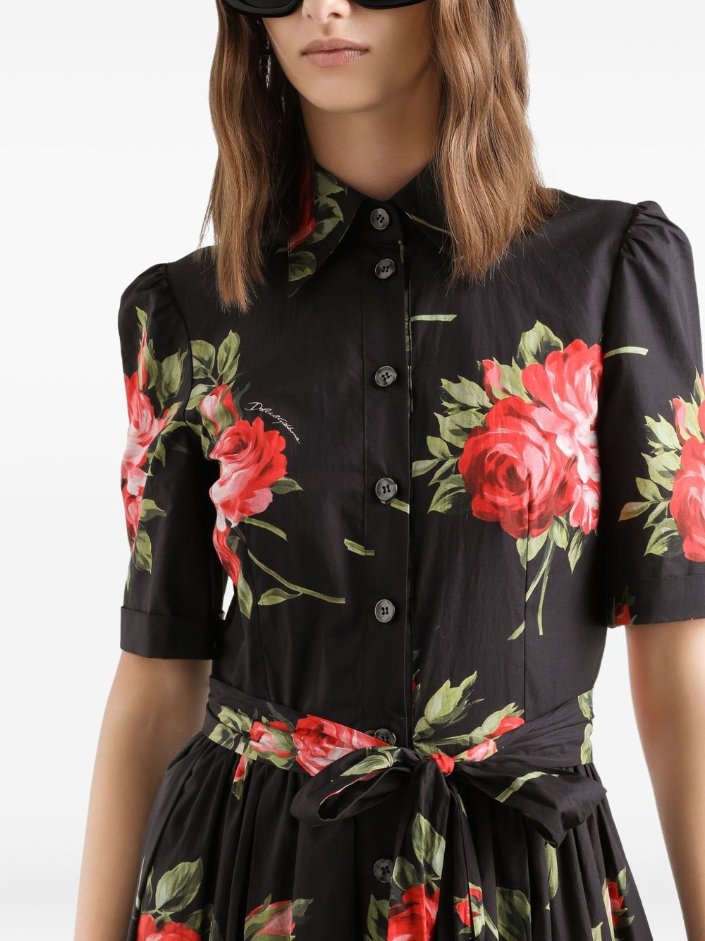 Dolce &amp; Gabbana Dolce &amp; Gabbana- floral-print belted midi dress in black cotton