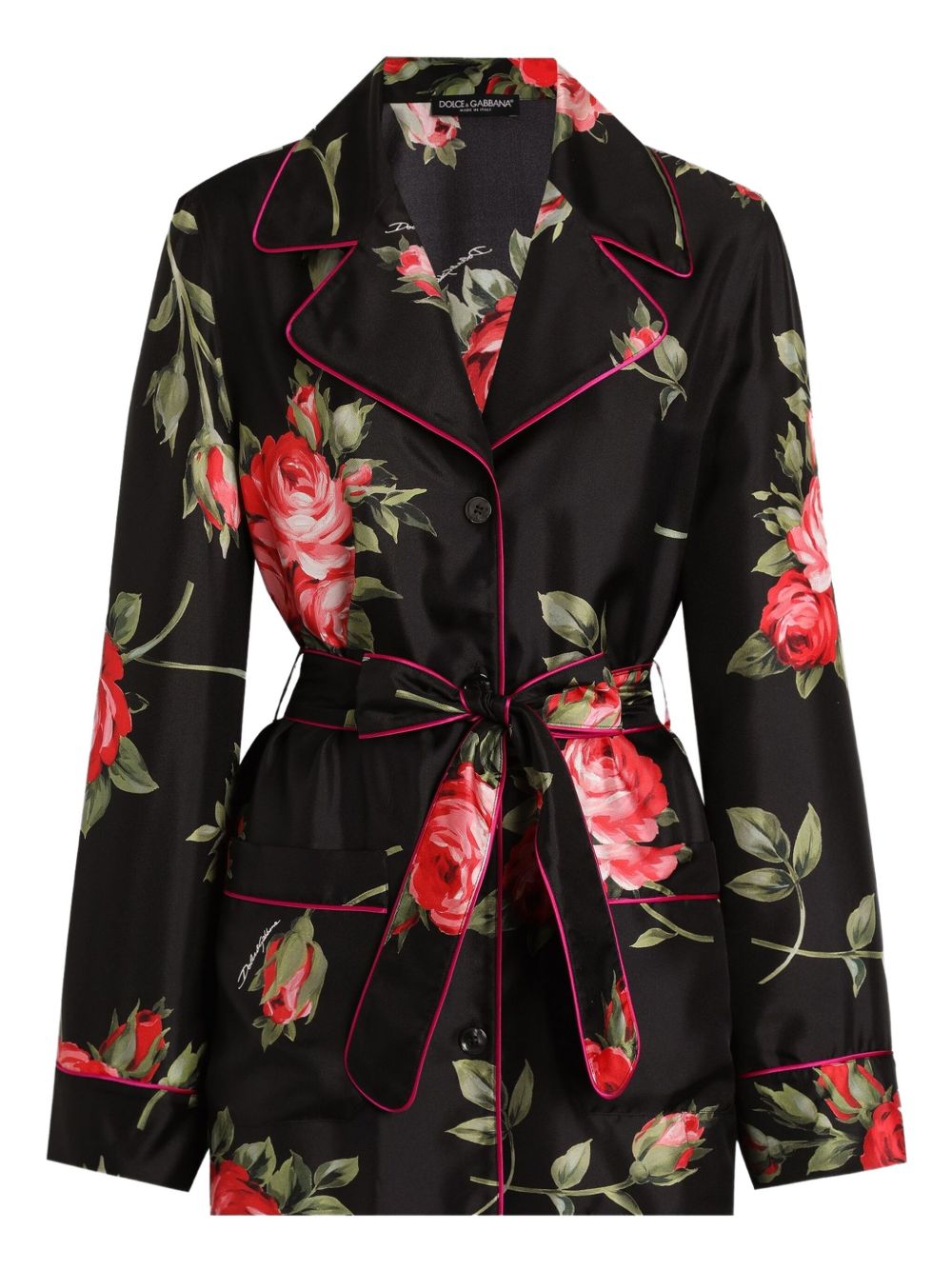 Dolce &amp; Gabbana Dolce &amp; Gabbana-black silk floral-print belted shirt