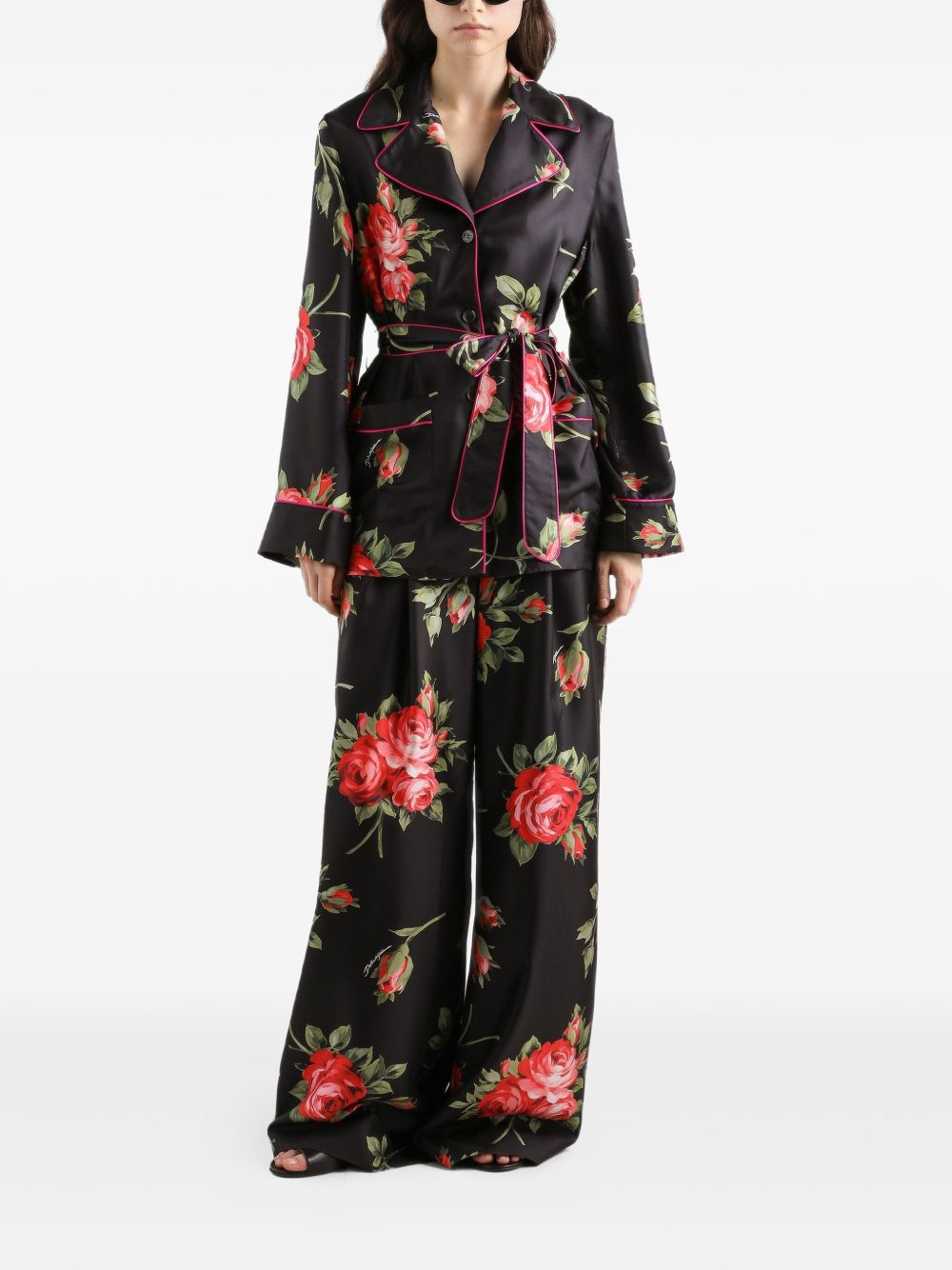 Dolce &amp; Gabbana Dolce &amp; Gabbana-black silk floral-print belted shirt