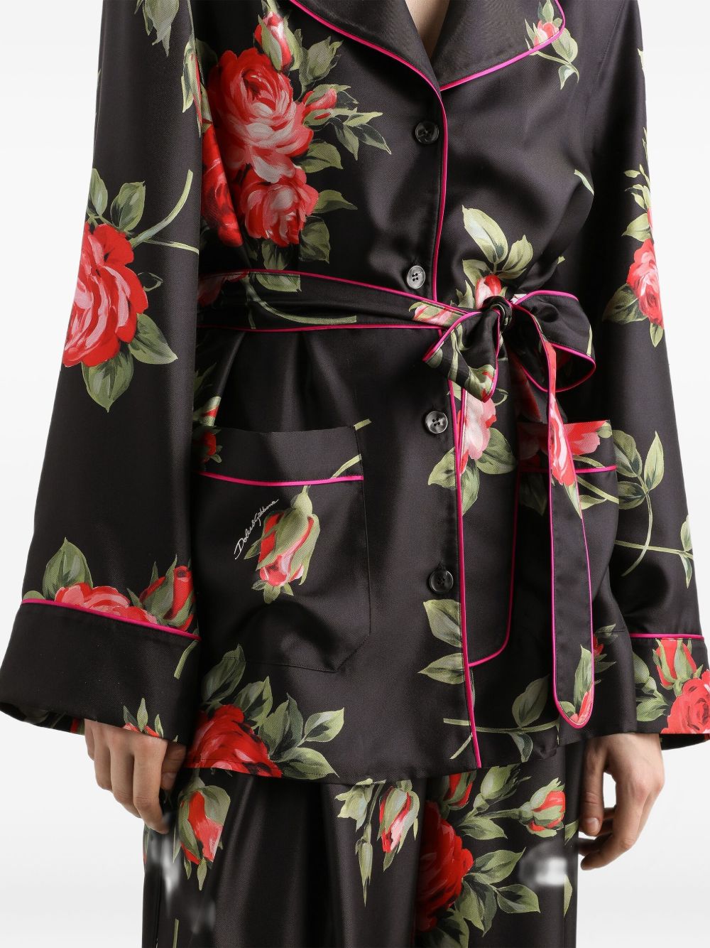 Dolce &amp; Gabbana Dolce &amp; Gabbana-black silk floral-print belted shirt