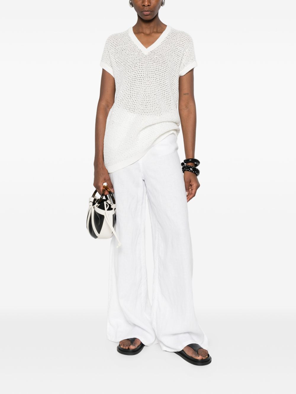 Fabiana Filippi Fabiana Filippi V-neck short sleeves sequin embellishments Openwork top