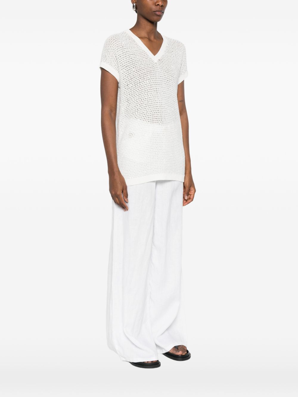 Fabiana Filippi Fabiana Filippi V-neck short sleeves sequin embellishments Openwork top