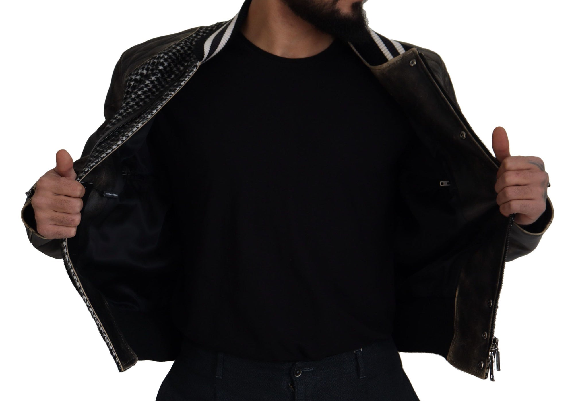 Dolce &amp; Gabbana Multicolor Houndstooth Leather Bomber Jacket