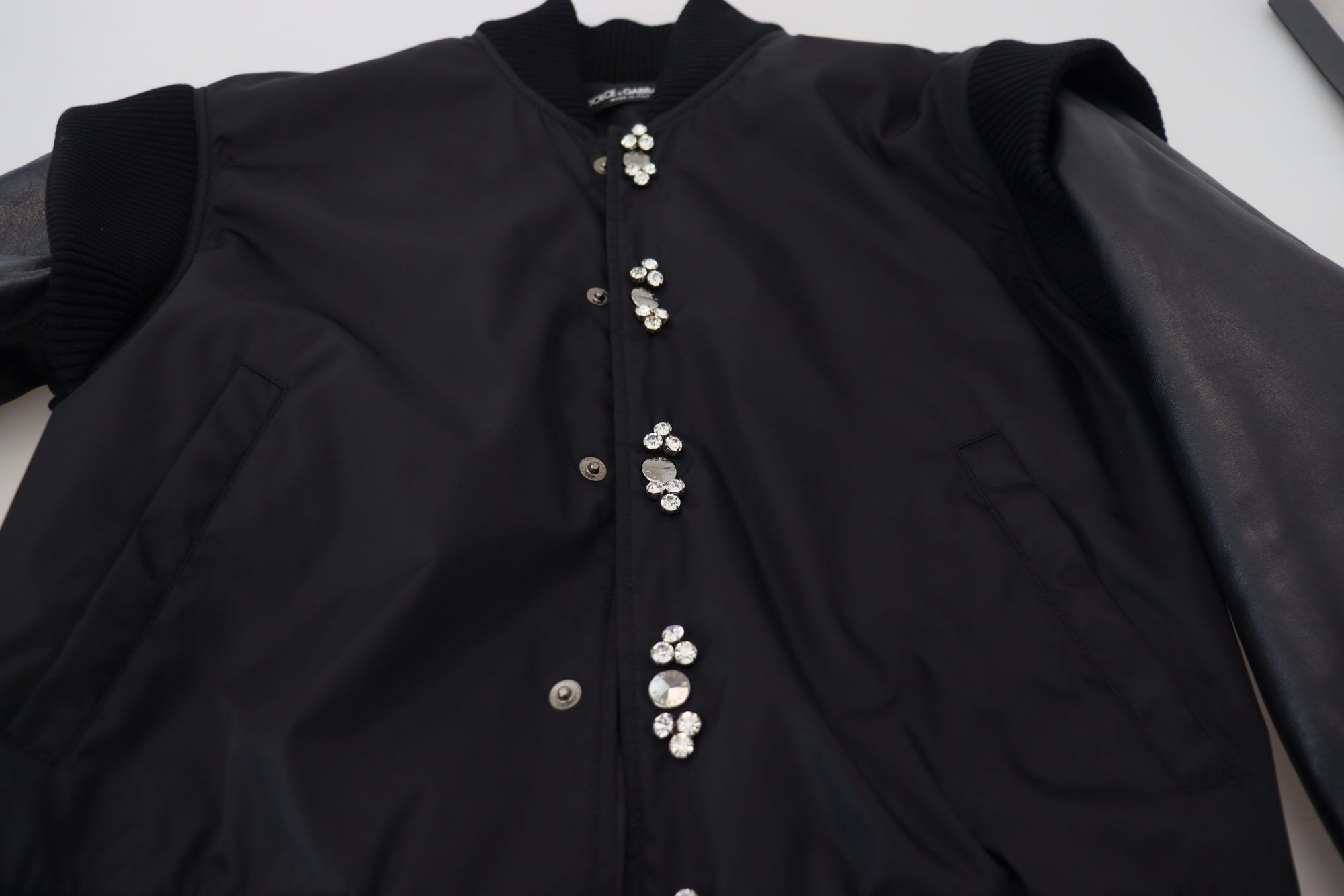 Dolce &amp; Gabbana Elegant Black Crystal-Embellished Bomber Jacket