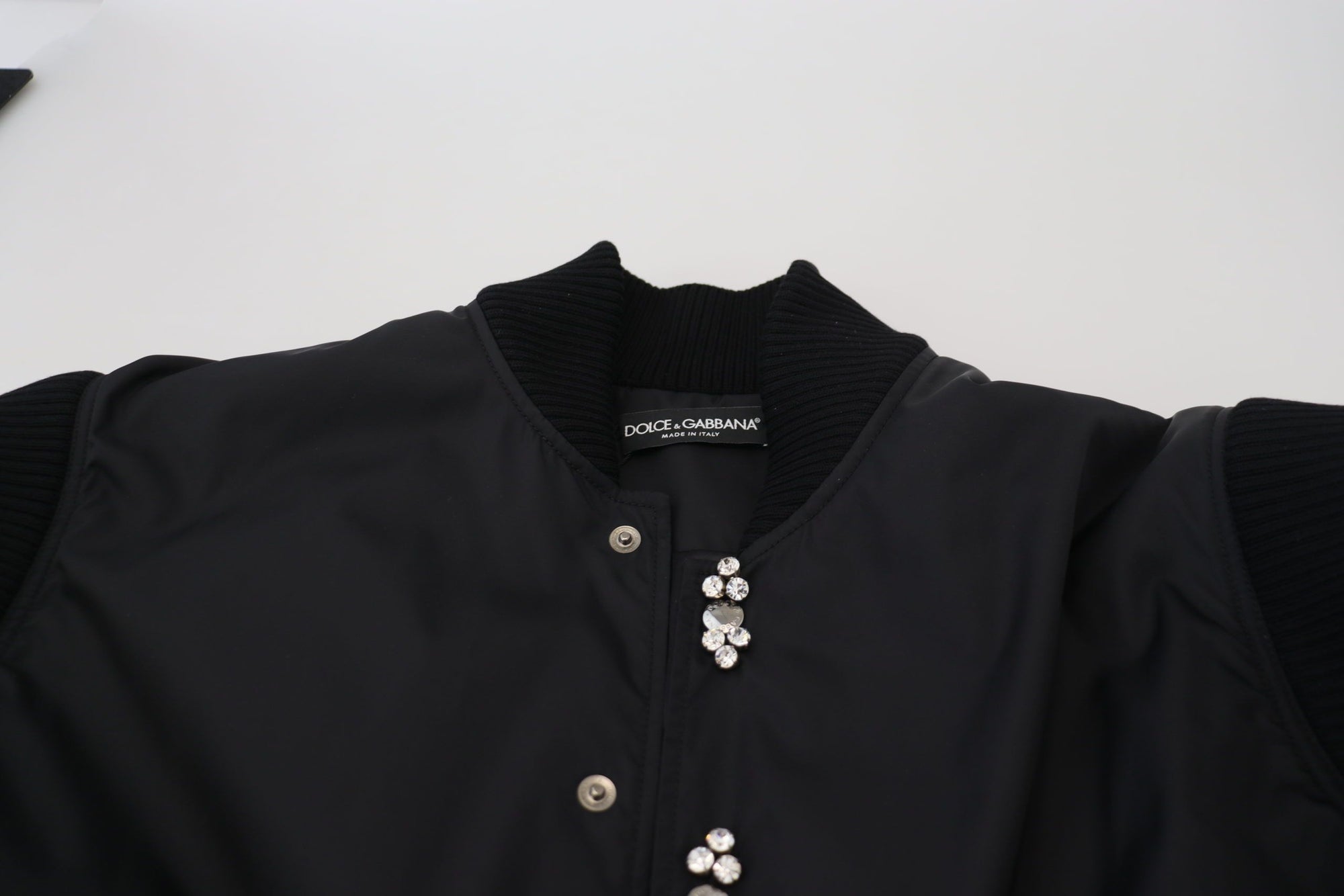 Dolce &amp; Gabbana Elegant Black Crystal-Embellished Bomber Jacket