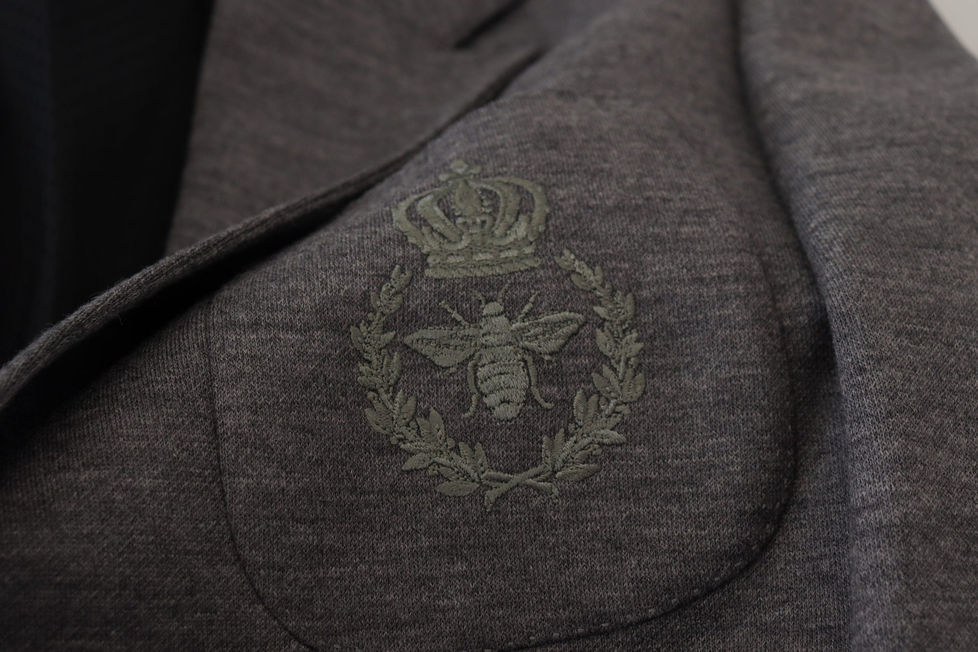 Dolce &amp; Gabbana Elegant Gray Wool Blazer with Bee Crown Embroidery