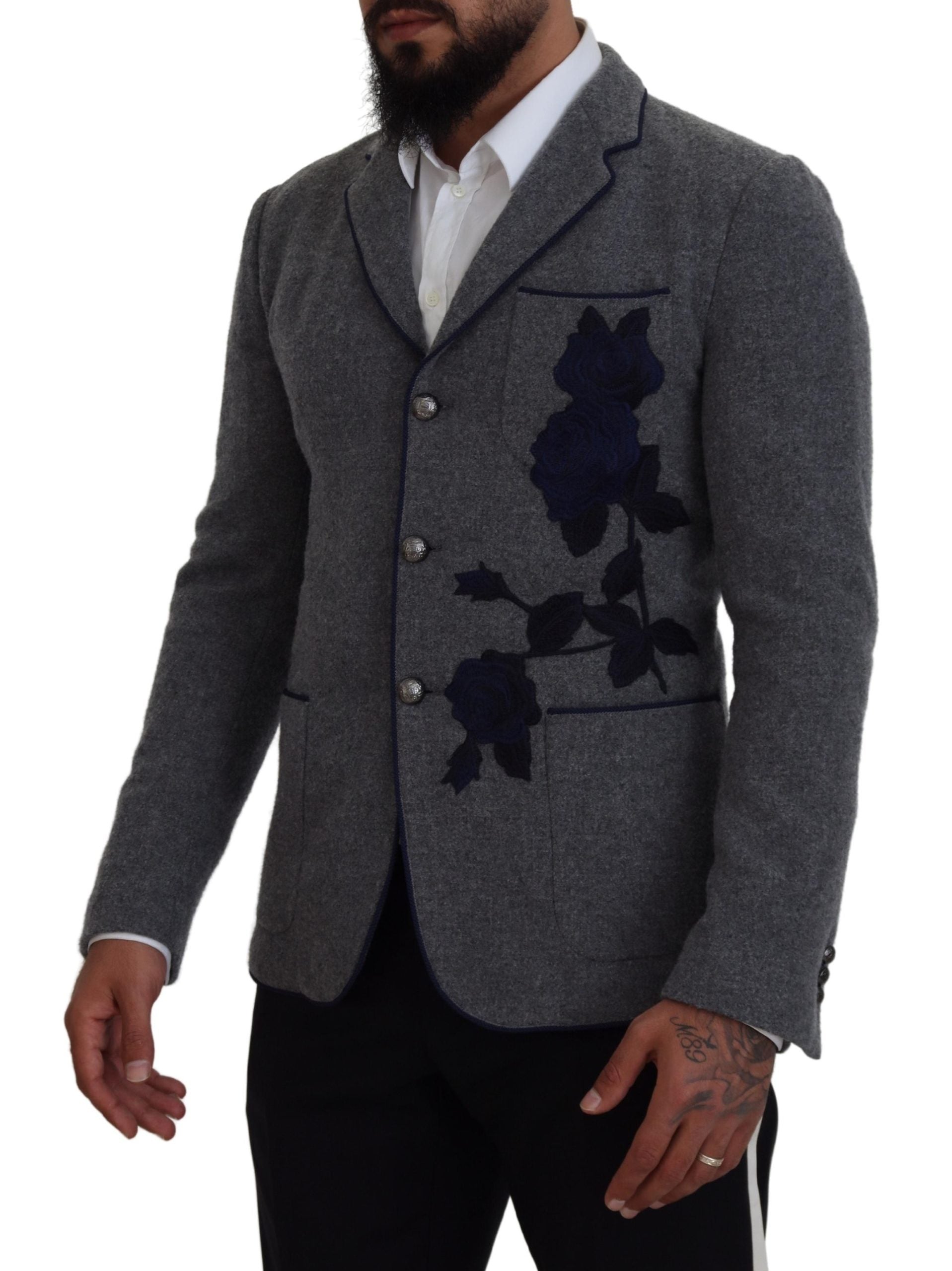 Dolce &amp; Gabbana Elegant Gray Wool Blazer with Blue Rose Embroidery