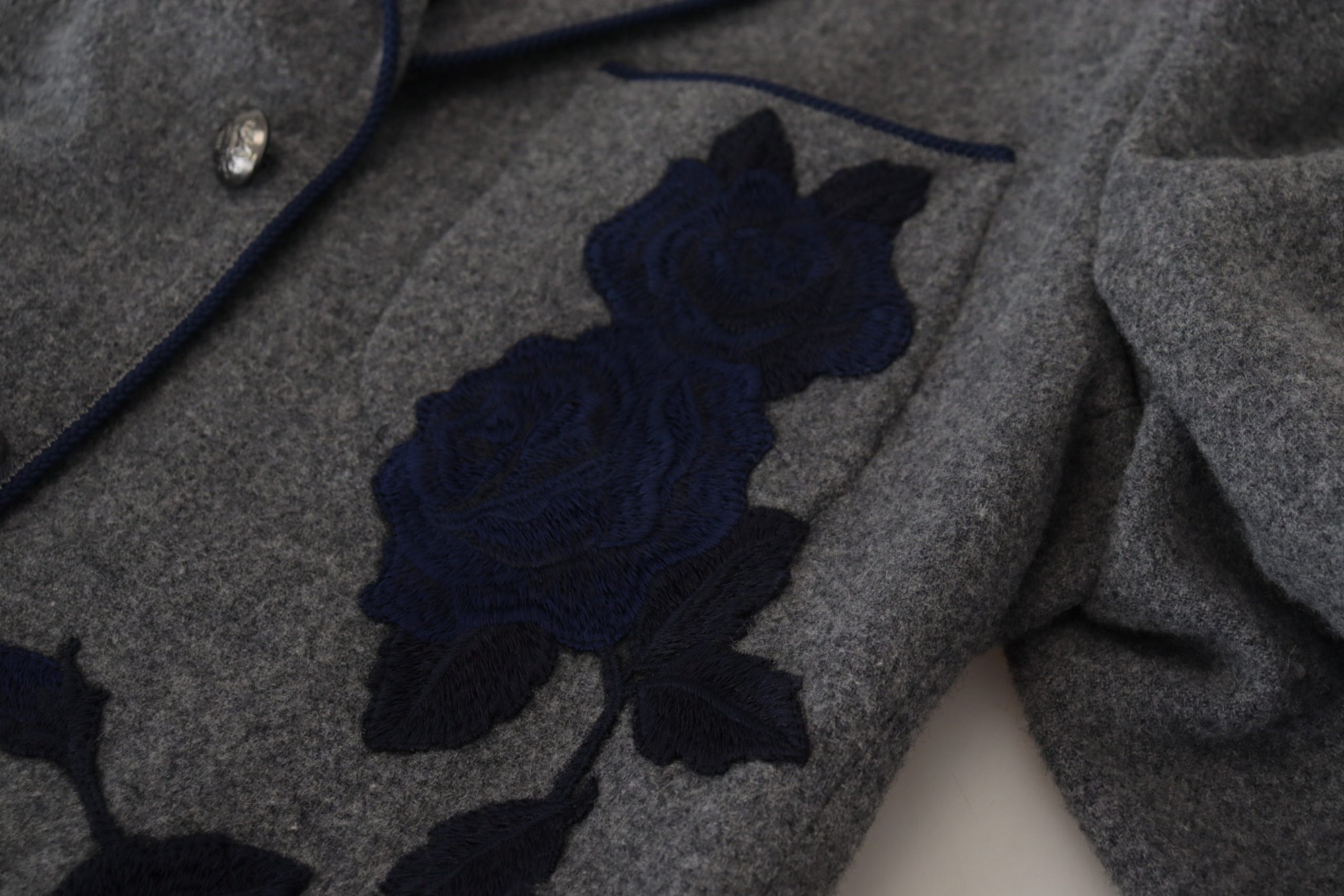Dolce &amp; Gabbana Elegant Gray Wool Blazer with Blue Rose Embroidery