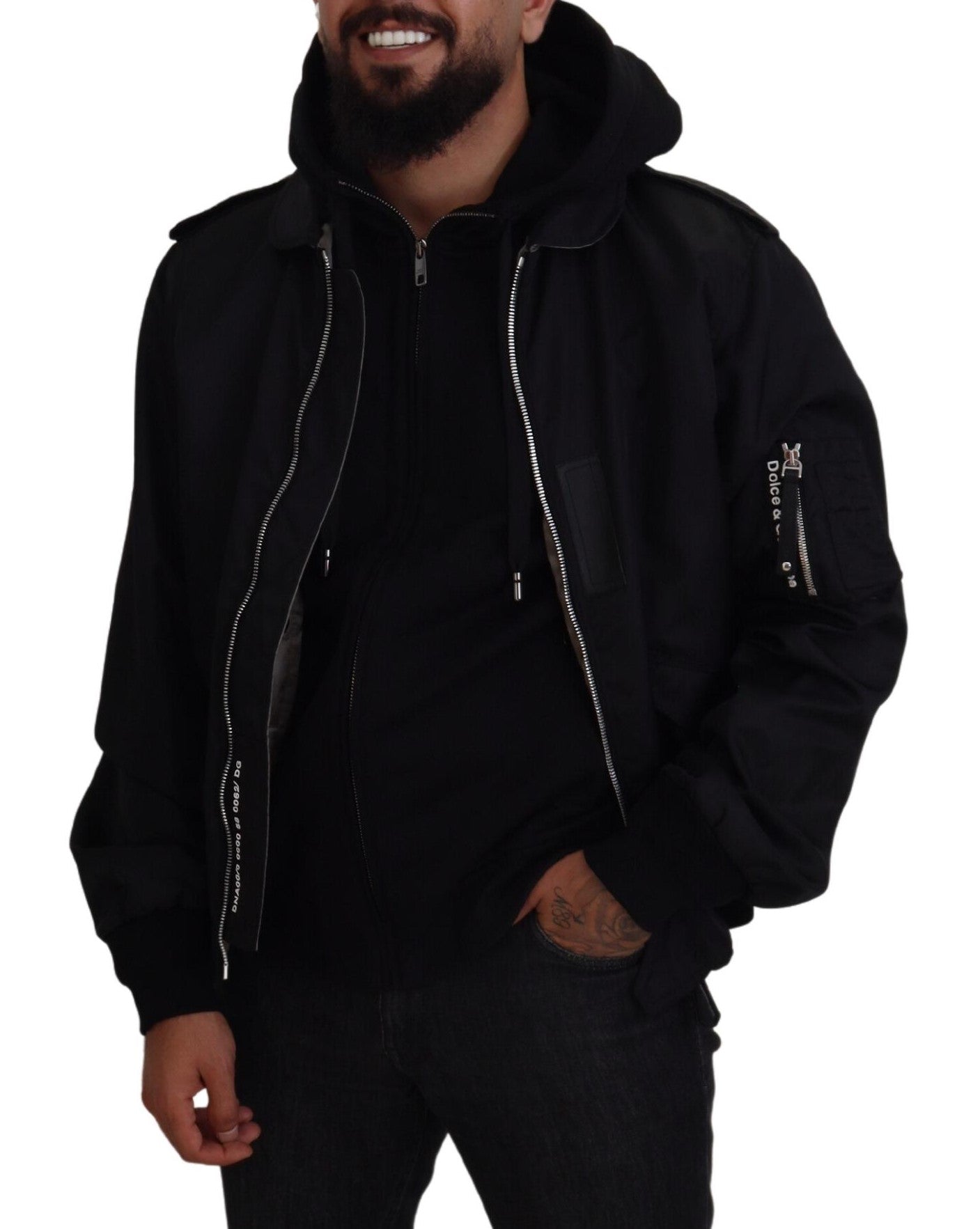 Dolce &amp; Gabbana Sleek Black Hooded Bomber Jacket