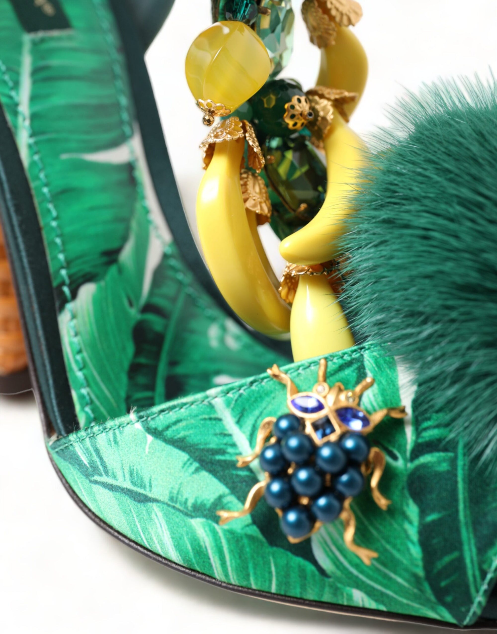 Dolce &amp; Gabbana Green Crystal Mink Fur T-Strap Sandals